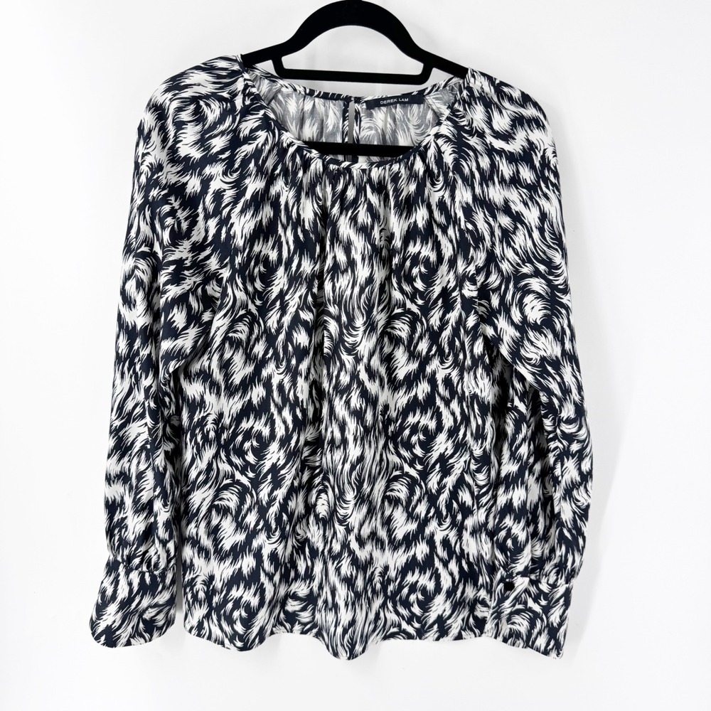 Derek Lam 100% Silk Blouse Black White Abstract Print Long Sleeve Top USA 10